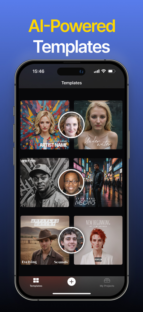 Interface do aplicativo FIBE exibindo vários modelos de capa de álbum com IA para artistas de música independentes.