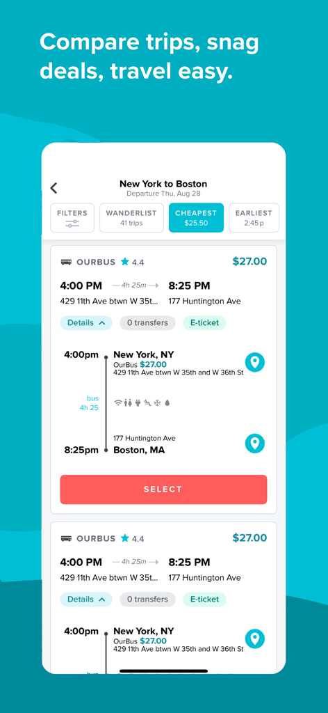 Wanderu app showing bus ticket search results from New York to Boston.