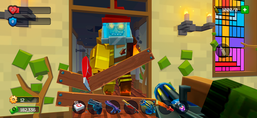 Pixel Combat: Zombie Games 3-D - First person shooter view of a pixelated zombie breaking through a wooden door barricade