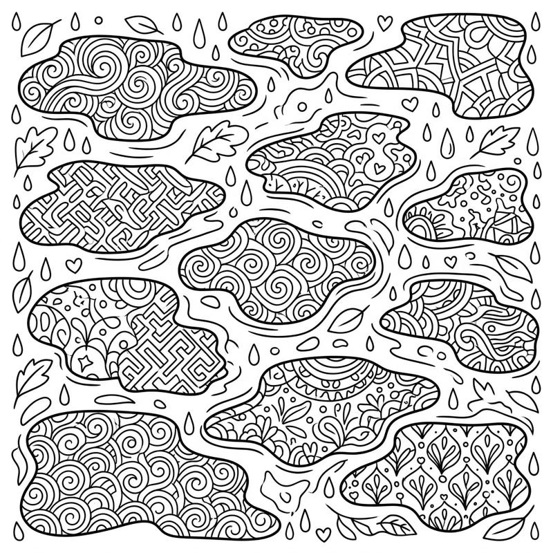 Explore a delightful world where playful puddles meet captivating Zentangle patterns, specially crafted for young artists. This unique coloring page offers a perfect blend of fun and mindful creativity for kids aged 4-8.