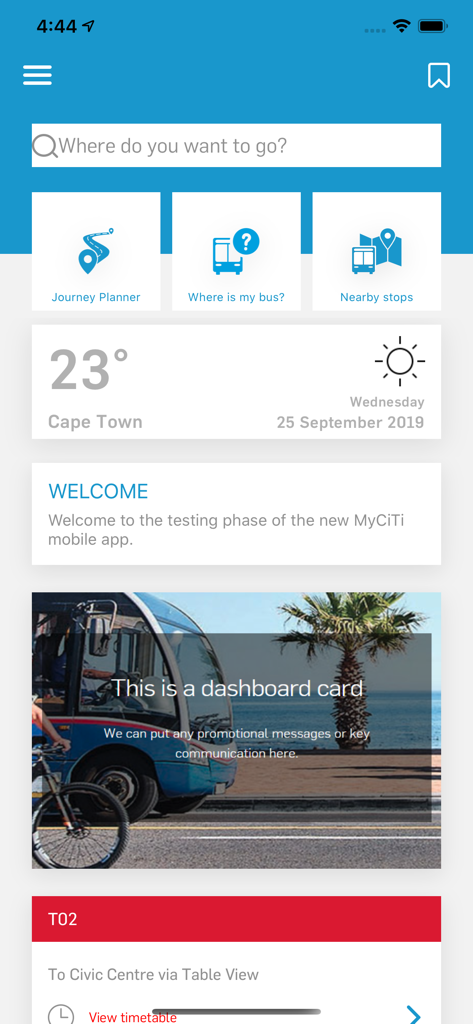MyCiTi app home screen featuring journey planner and bus tracking options for Cape Town