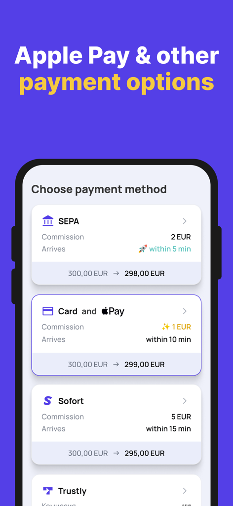 Profee mobile app interface showing various payment options including Apple Pay, SEPA, and Sofort