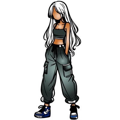 girl in baggy pants crop top and long hair