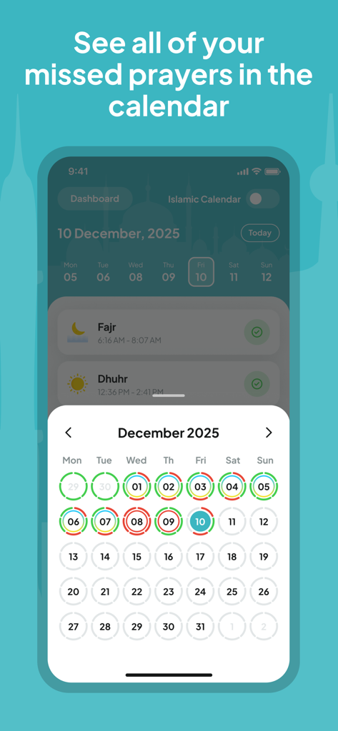 Niya app calendar interface showing color coded missed and completed prayers for Qada management