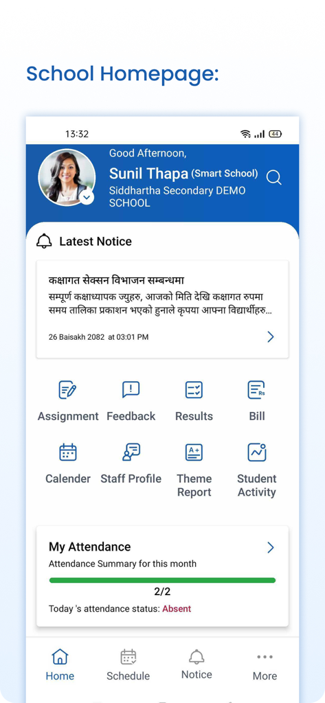Smart School Nepal - Página de inicio de la aplicación Smart School Nepal que muestra avisos escolares, asistencia de estudiantes y funciones de gestión educativa.