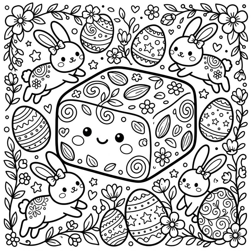 Get ready for a super sweet Easter with this delightful Kawaii nougat coloring page, surrounded by cheerful bunnies and beautifully decorated eggs. It's the perfect way to add a touch of adorable charm to your spring celebrations and enjoy a relaxing coloring session.
