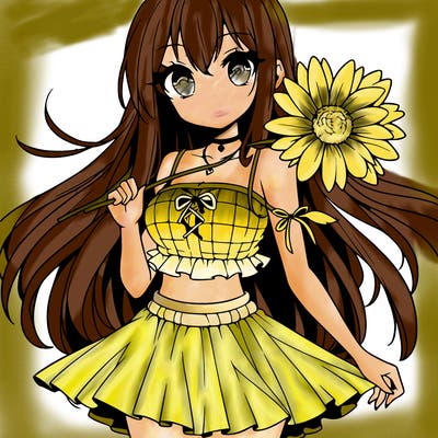 anime girl holding a flower wearing a skirt and crop top