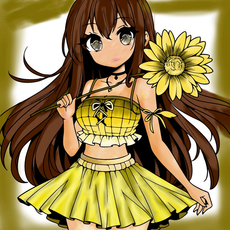 anime girl holding a flower wearing a skirt and crop top