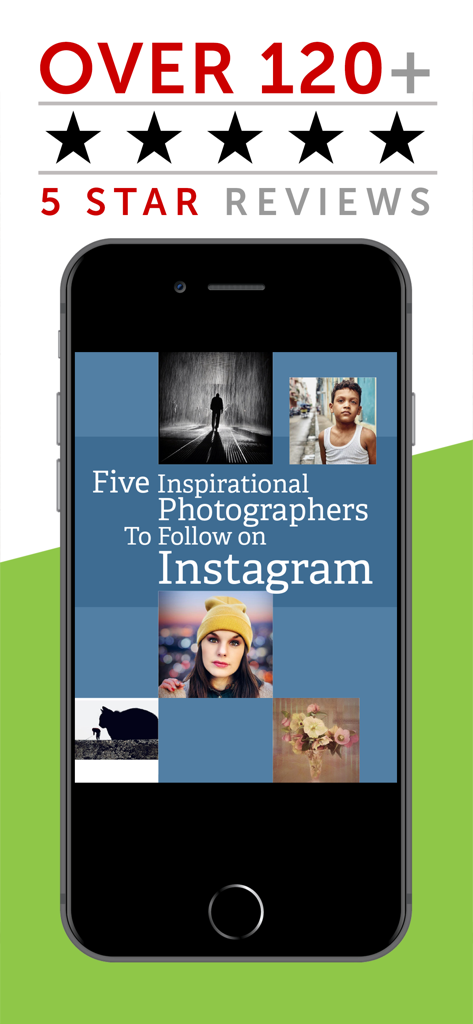 Mobiography Magazine - Mobiography Magazine app display featuring five star reviews and a guide to inspirational photographers on Instagram.