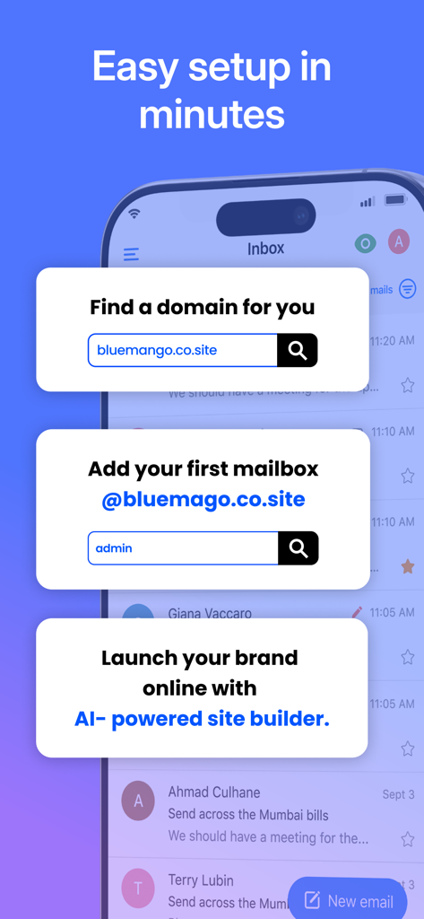 Neo Email & AI Site Creator - Écran de l'application Neo montrant la configuration facile du domaine d'entreprise, de la boîte aux lettres professionnelle et du créateur de site Web par IA.