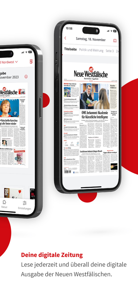 NW ePaper - Zwei Smartphones zeigen die Neue Westfälische Digitalzeitung innerhalb der NW ePaper App