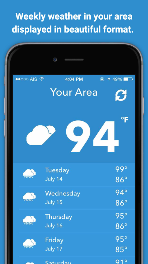 Clima Weather Report - Weather Tracker for Local Weather, Weather Conditions, and Precipitation - Interface of Clima Weather Report app showing current temperature of 94 degrees and a weekly forecast