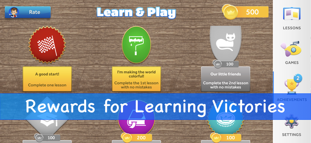 English for Kids app achievement screen showing rewards for learning victories