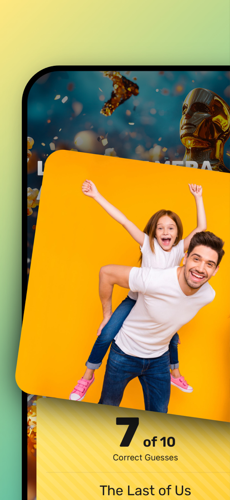 Hands Up! Charades Headbands - A father and daughter celebrating their charades score of 7 out of 10 correct guesses on a yellow background.