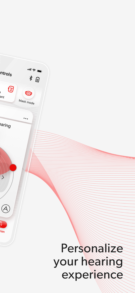 A smartphone displaying the Signia app interface with controls for hearing aids and the text Personalize your hearing experience.