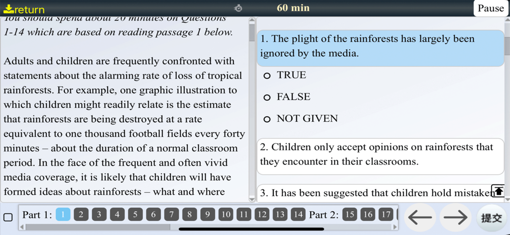 A computer-delivered IELTS reading test simulation with a passage and multiple choice questions.