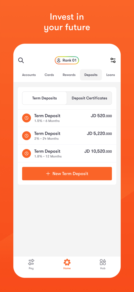 Écran de l'application mobile pour Bank al Etihad affichant une liste de dépôts à terme actifs avec les taux d'intérêt et un bouton pour créer un nouveau dépôt.