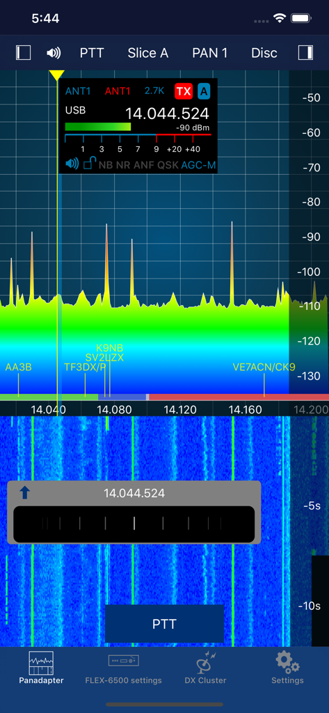 SmartSDR mobile app interface showing a radio frequency panadapter and waterfall display