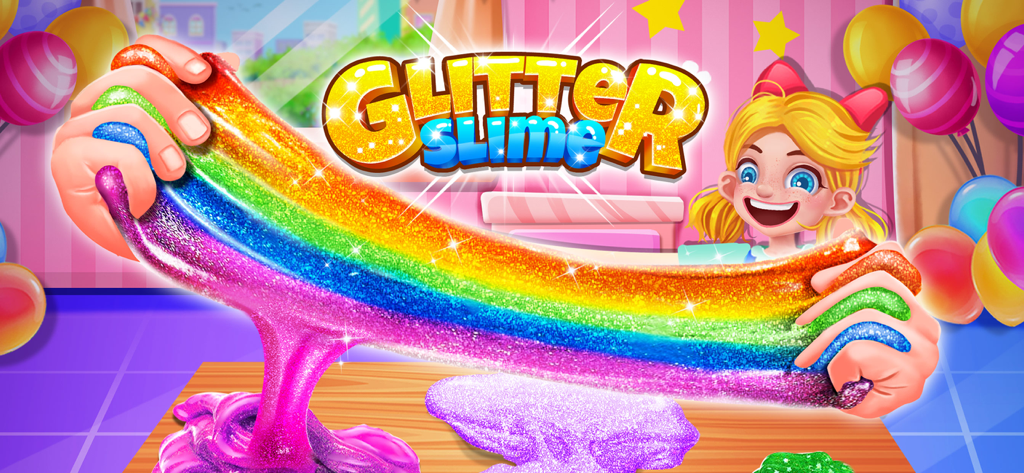 Glitter Slime Maker - Hands stretching a sparkling rainbow glitter slime in the Glitter Slime Maker game interface