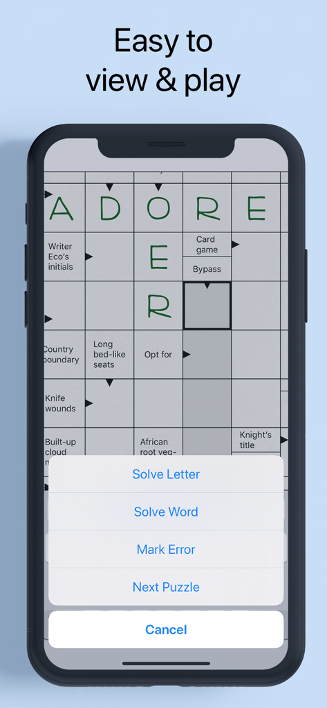 Crossword. A smart puzzle game - Crossword puzzle interface showing an arrow words grid and a menu with solving options
