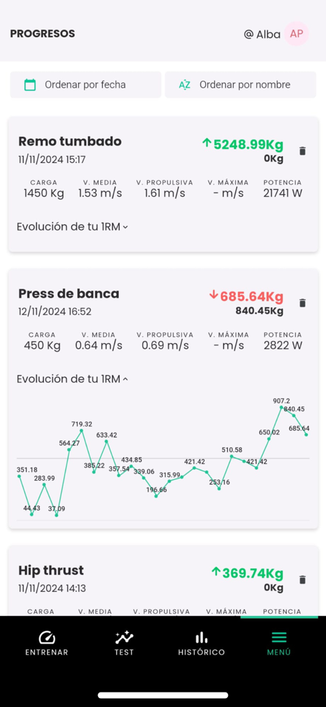 ADR System - Strength training progress dashboard in the ADR System app featuring exercise metrics and a 1RM evolution line graph.