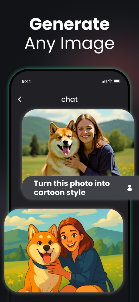Interface do aplicativo de IA mostrando uma foto de uma mulher e um cachorro sendo convertidos em uma ilustração de desenho animado