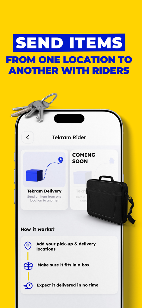 Tekram Delivery - Tekram Delivery app interface for sending items between locations with rider tracking