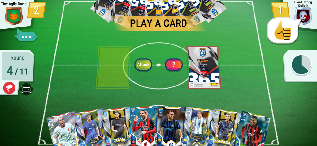 Panini FIFA 365 AdrenalynXL™ - Gameplay screen of Panini FIFA 365 AdrenalynXL showing a head-to-head soccer card match with digital player cards