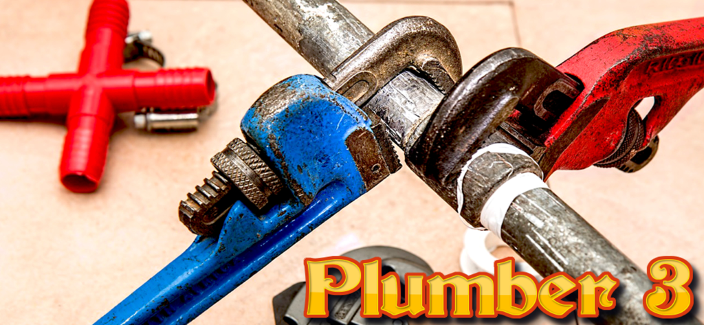 Plumber 3: Underground Pipes - Título del juego Plumber 3 con llaves de fontanero y tuberías metálicas