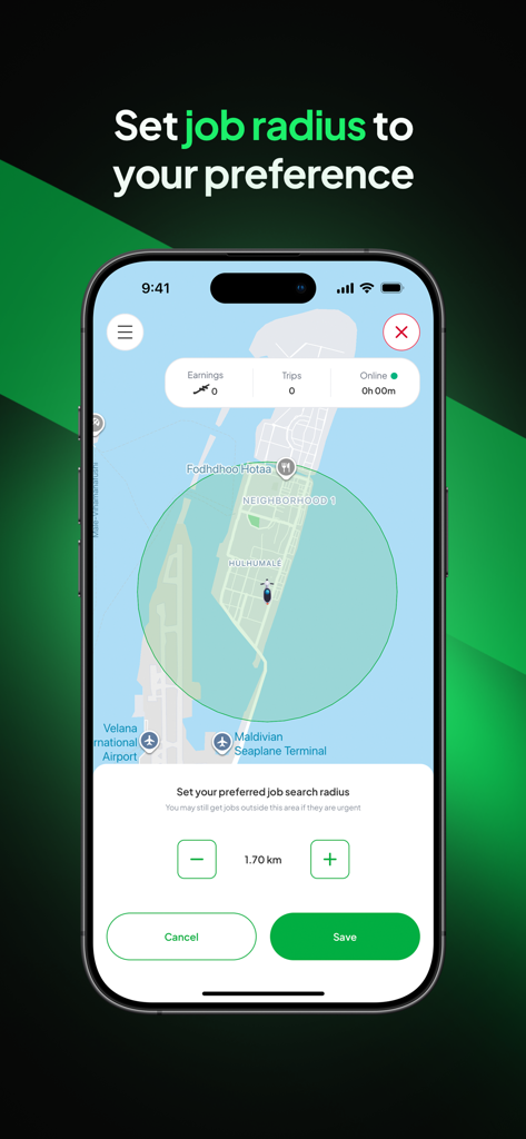 Avas App - Driver - A smartphone screen showing the job search radius setting in the Avas Driver app.