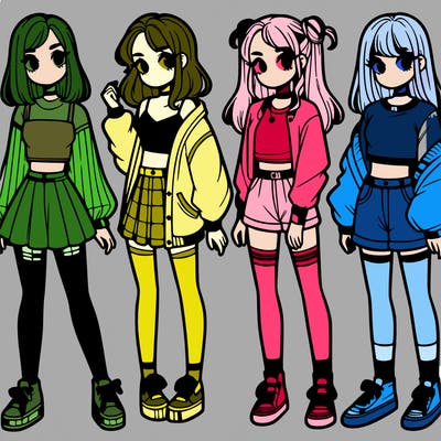 one girl with crop-top shirt and a jacket with a skirt, long socks and another girl with a shirt and pants with a jacket