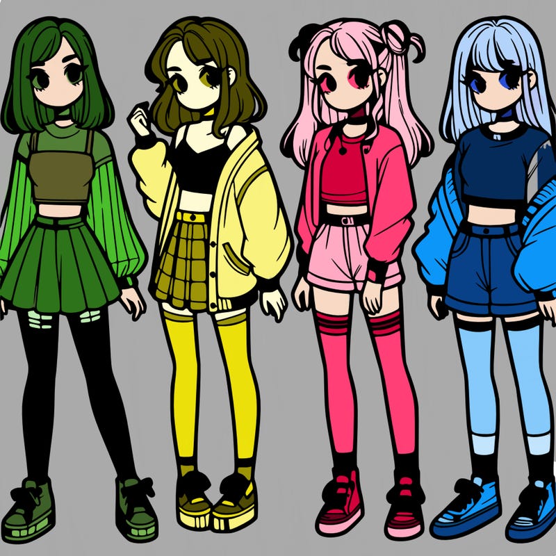 one girl with crop-top shirt and a jacket with a skirt, long socks and another girl with a shirt and pants with a jacket