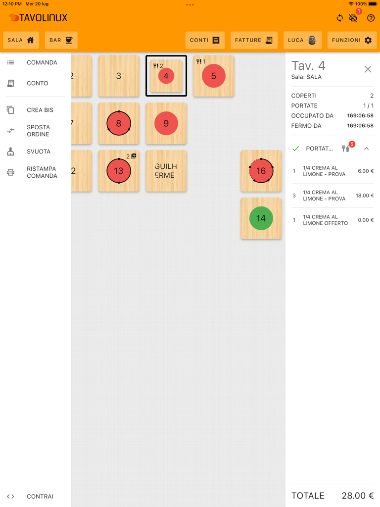 Interfaz TPV para iPad de Tavolinux 3 que muestra un plano de mesas de restaurante y detalles del pedido para una mesa específica