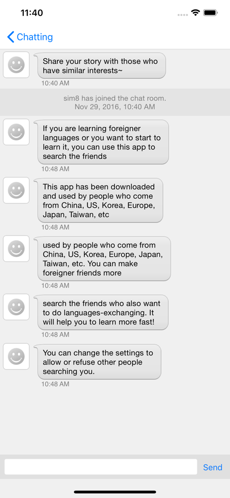 Fav Talk Pro - hobby Chatting - Chat screen of Fav Talk Pro showing messages about interest based socializing and language exchange