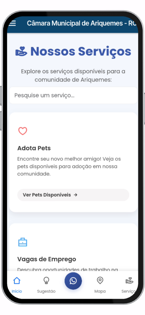 Câmara de Ariquemes +você - Captura de tela da seção de serviços no aplicativo Camara de Ariquemes apresentando adoção de animais de estimação e oportunidades de emprego