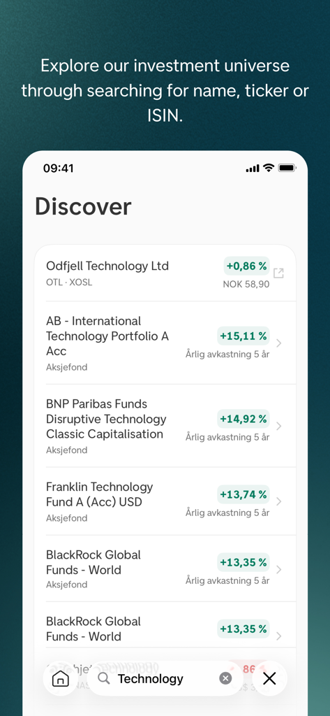 Spare - Spare mobile app Discover screen displaying various technology mutual funds and stock options.
