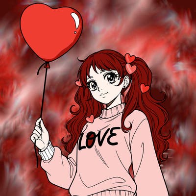 girl with no backround with a valentines day balloon in her hand holding it by the string. make her be facing the side but looking at the camera. have her have a cute valentines day sweater on. make her waist and up be showing. make her have cute pigtails with long hair. with cute hearts in her hair. make her hair be white. make her sweater just say the word love in cursive. nothing else on the sweater. make her hair be long and wavy