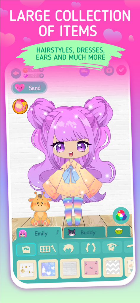Chibi Doll Maker Dress Up Game - Customizing a chibi character with purple hair and a pet giraffe in Glamora dress up game