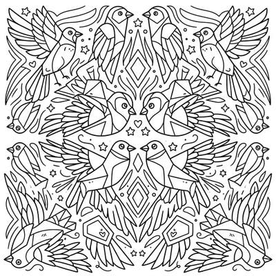 Discover the magic of symmetrical patterns with this delightful Kaleidoscope Birds coloring page. Designed specifically for kids, it offers balanced line weights and captivating avian motifs for hours of creative fun.
