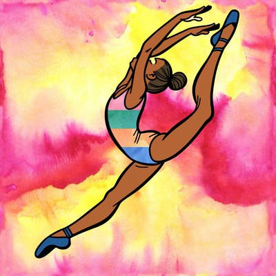 gymnast doing a leap in a leotard with a bent back leg