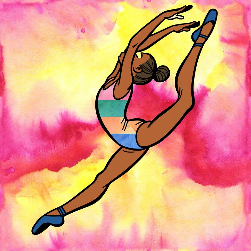 gymnast doing a leap in a leotard with a bent back leg