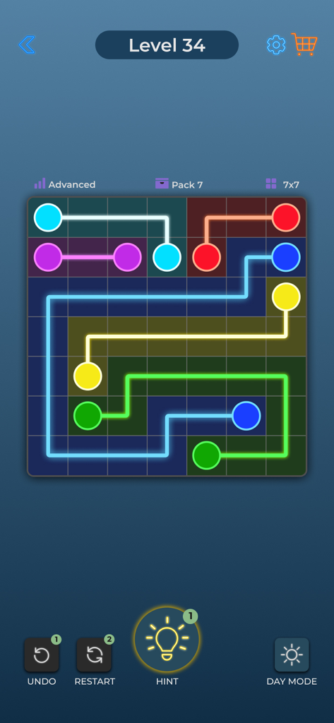 Gameplay screenshot of Dot Link showing colored dots connected by neon lines on a grid