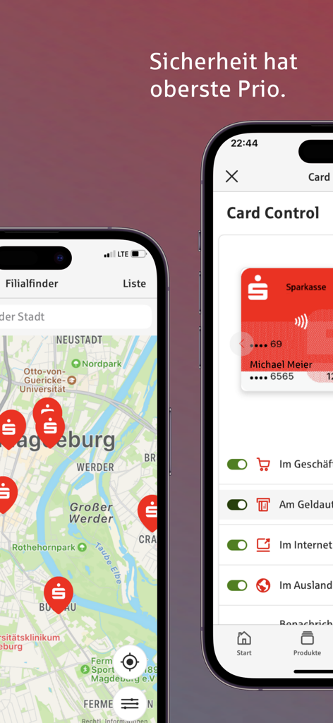 Sparkasse app interface displaying a branch locator map and card security control settings.