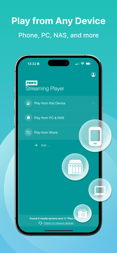 TV Cast: Nero Streaming Player - Application mobile Nero Streaming Player montrant comment diffuser des médias depuis un téléphone, un PC ou un NAS vers une TV