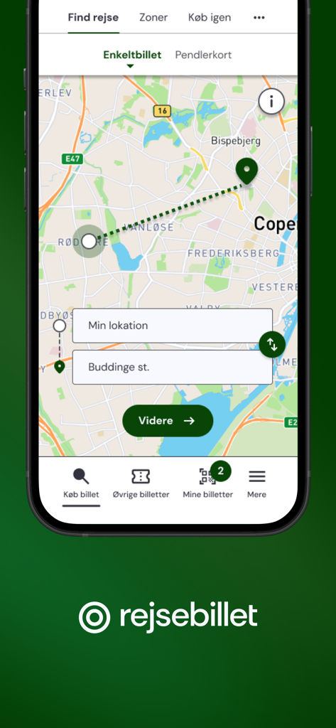 Rejsebillet app screenshot showing the transit map and journey planning interface