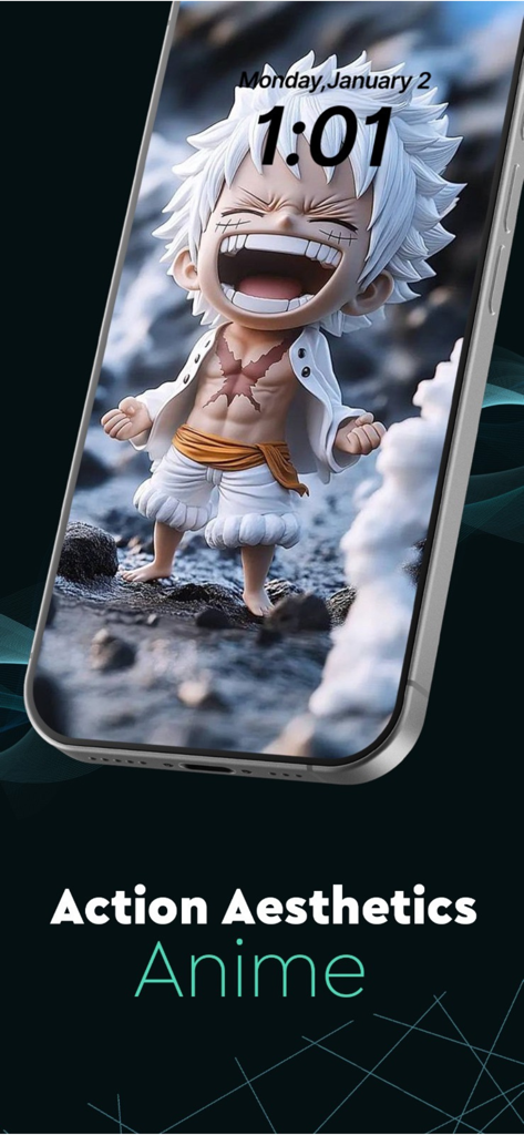 Pantalla de bloqueo de iPhone mostrando un fondo de pantalla animado 3D de alta calidad de un personaje de anime de la categoría de la aplicación UWall.