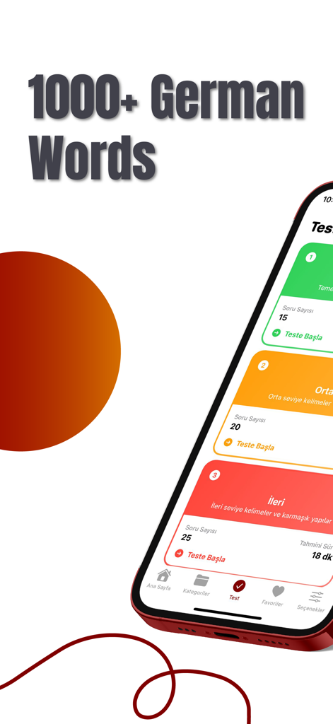 Türkçe - Almanca Kelimeler - Mobile app interface showing German vocabulary tests for different proficiency levels