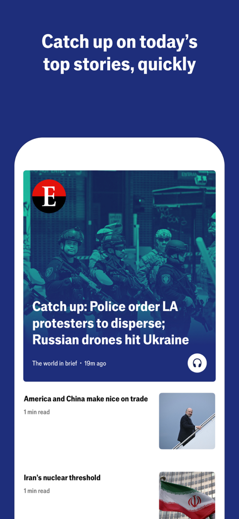Espresso from The Economist - Interface of the Espresso from The Economist app displaying a summary of top global stories and quick news briefings