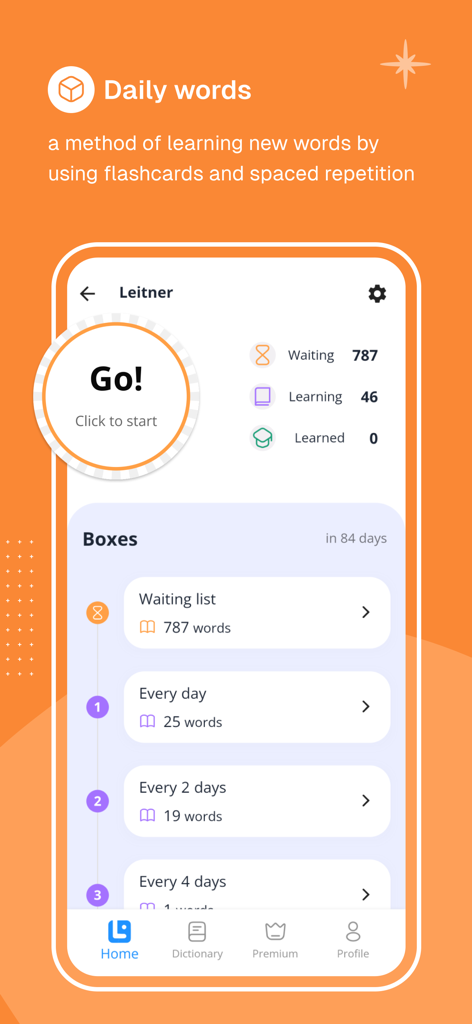 LanGeek |  Learn English - LanGeek app interface showing the Leitner system for English vocabulary learning using spaced repetition and flashcards.