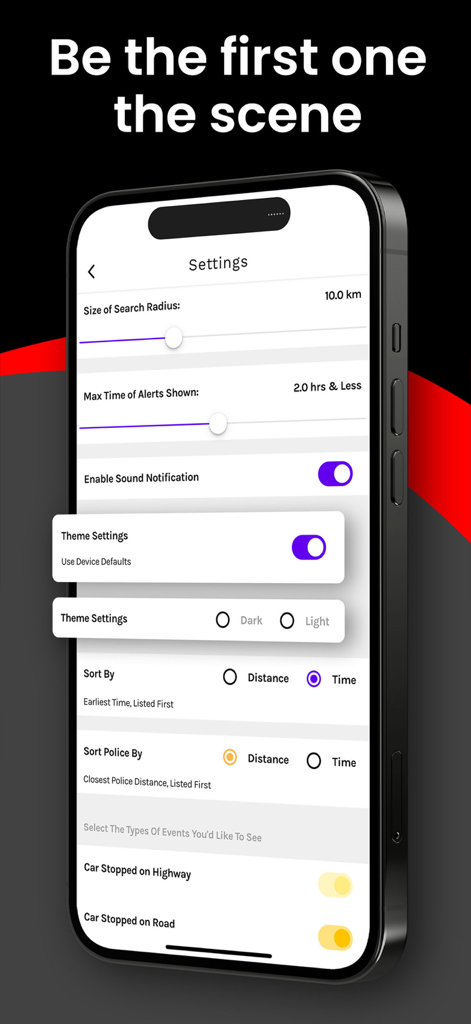 Towtaled - Incident Tracking - Settings screen of Towtaled app on an iPhone showing customization options for incident tracking radius and notification alerts for tow truck professionals.